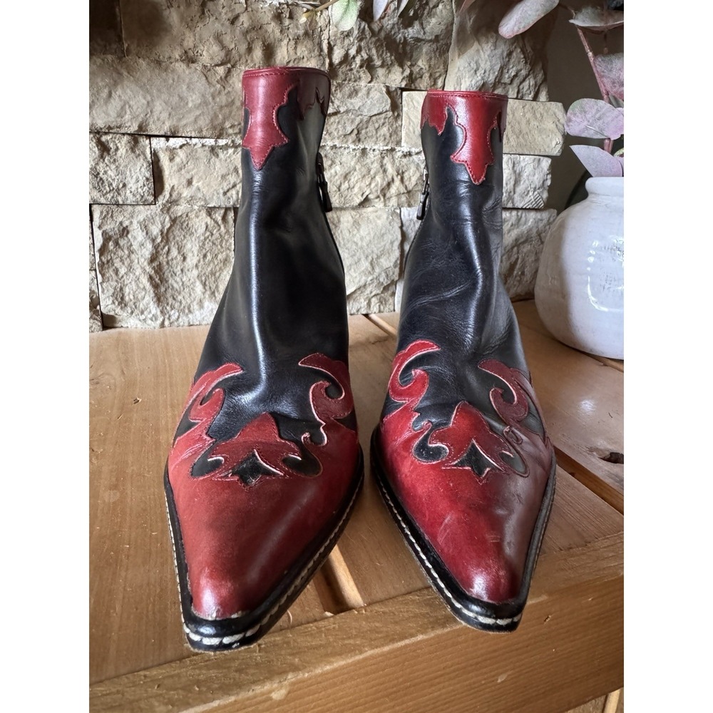 Donald J Pliner Vintage Western Boots Black Red Flame Leather Women 7M Italy - Picture 8 of 11